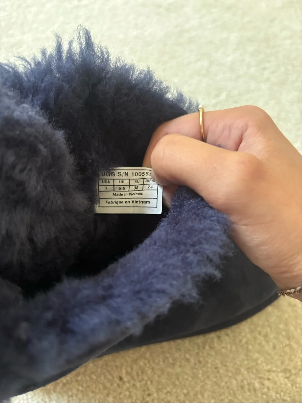 UGG Navy Suede Shearling Slippers with Back Bows